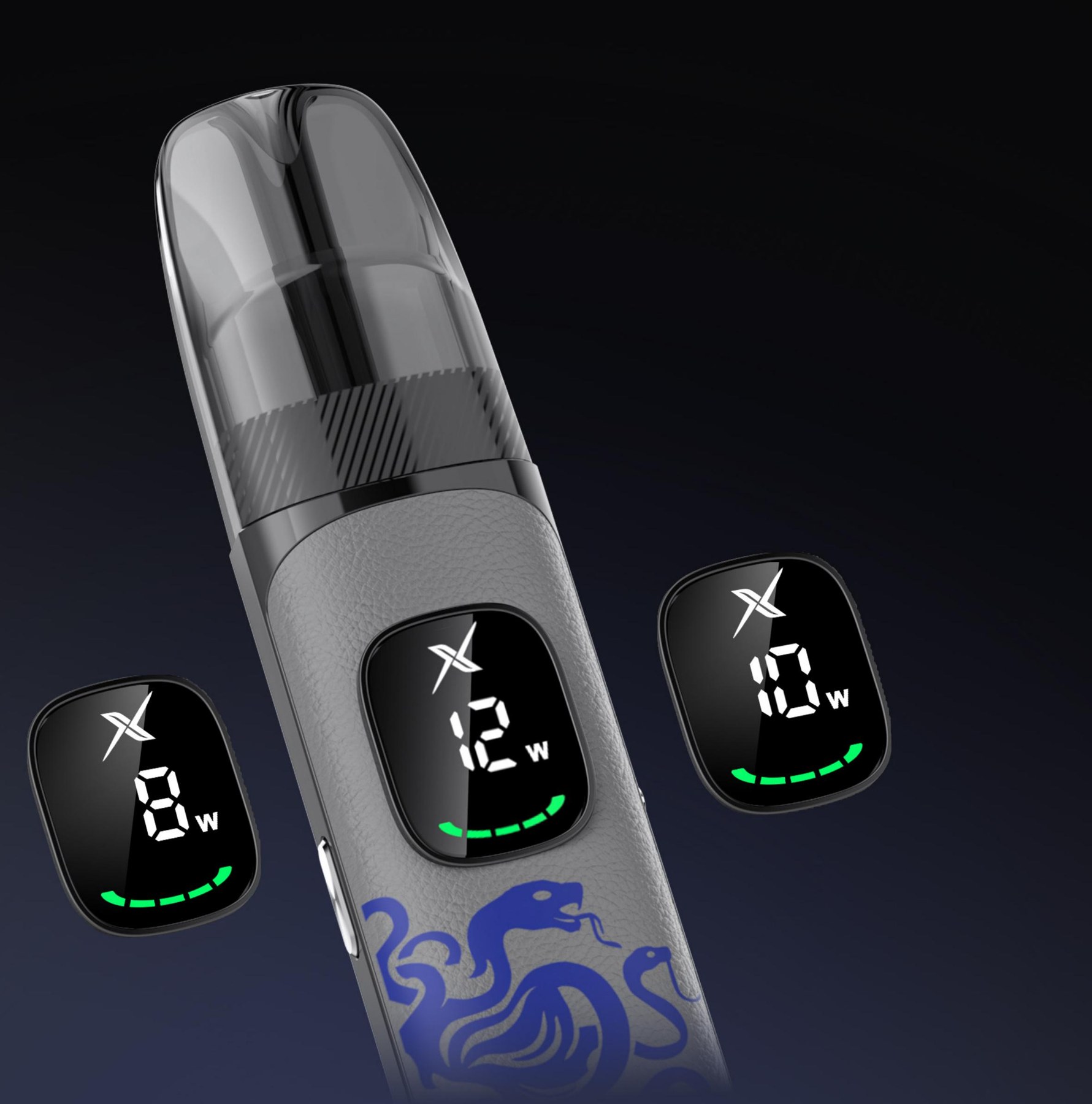 OLED display on the Medusa X showing output power and battery level